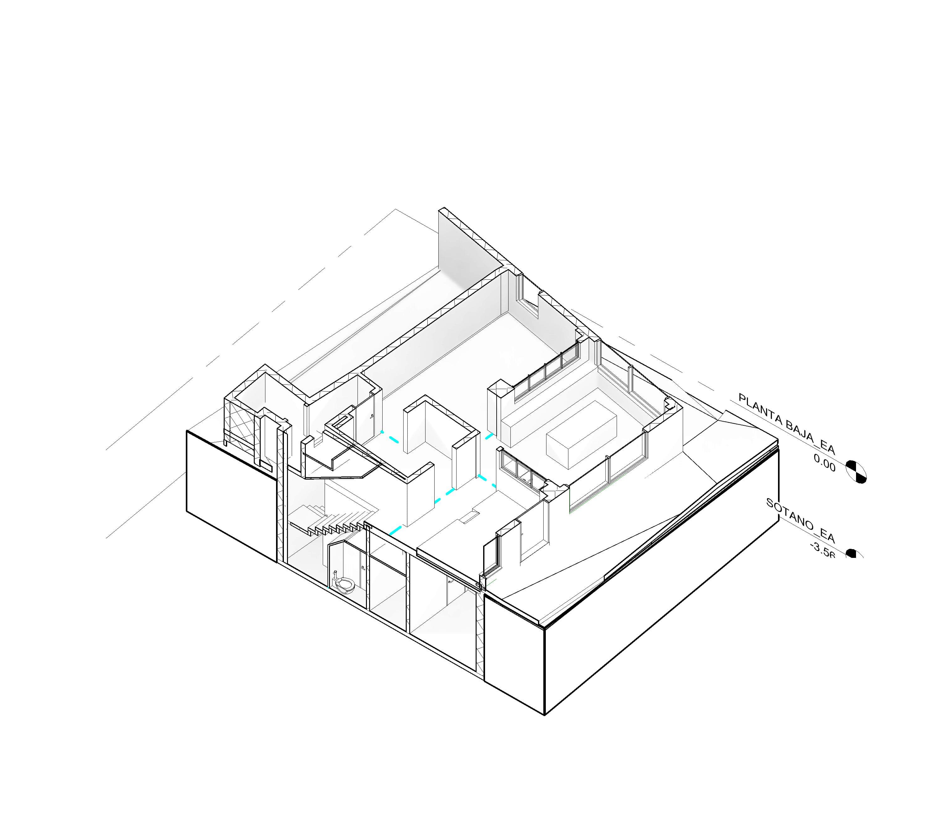 Vista isométrica seccionada de un modelo 3D de vivienda en Revit