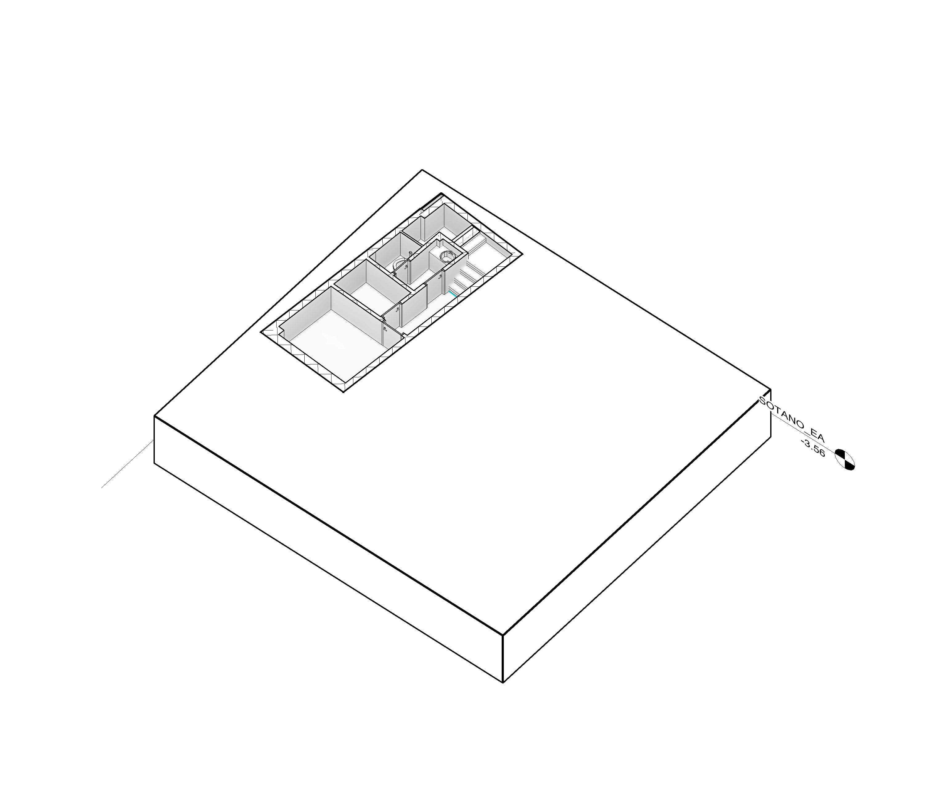 Vista isométrica de la planta sótano de un modelo 3D en Revit