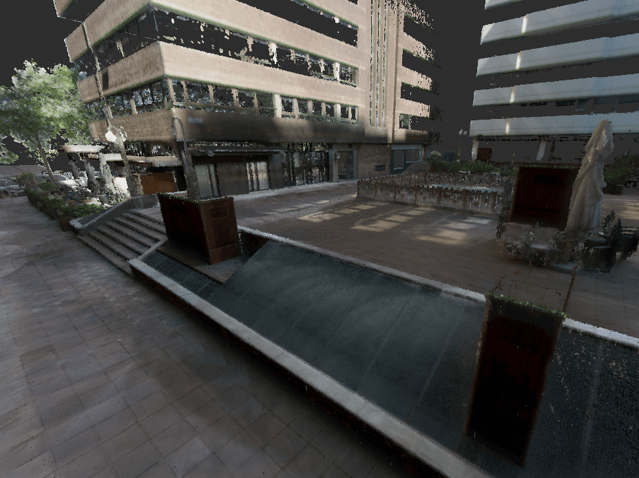 Nube de puntos 3D de una plaza entre edificios