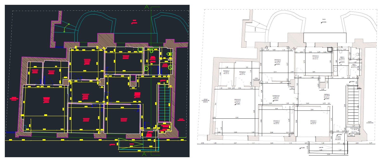 Comparativa entre la planta CAD y el plano 2D delineado de una vivienda