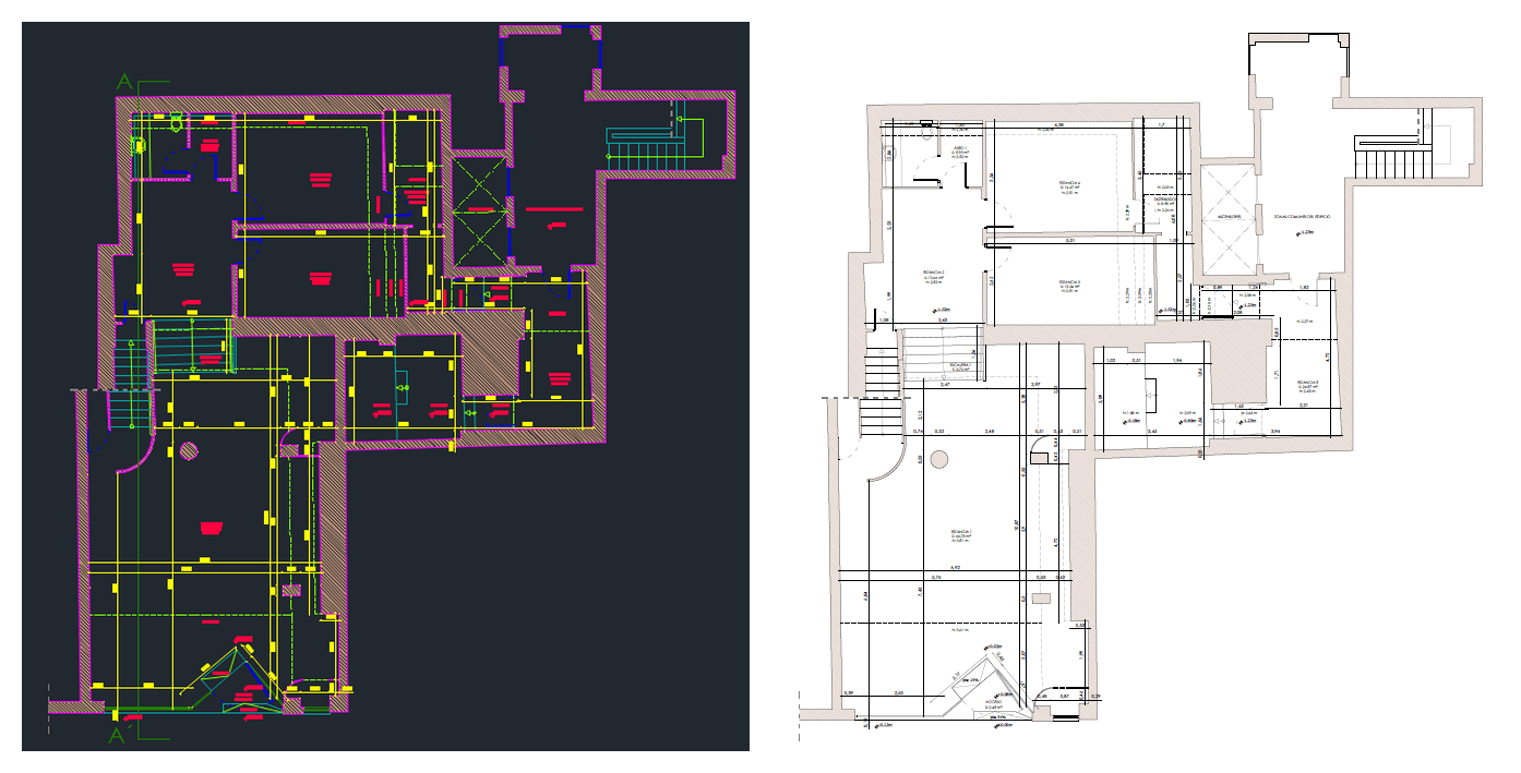Comparativa entre la planta CAD y el plano 2D delineado de un local