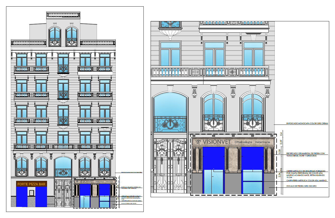 Alzado 2D de una fachada residencial con detalle del local comercial