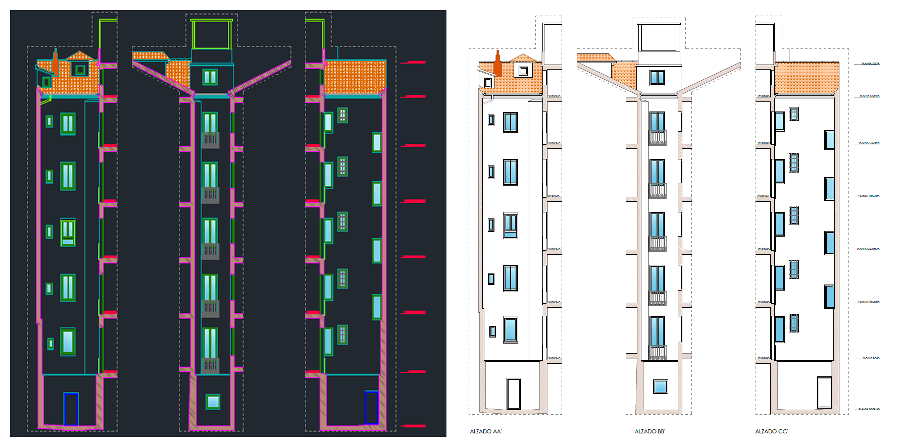 Comparativa de varios alzados CAD y planos 2D delineados de un edificio